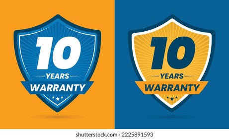 10 Years warranty in yellow and Blue background. 10 Years warranty logo. 10 Years warranty badge.