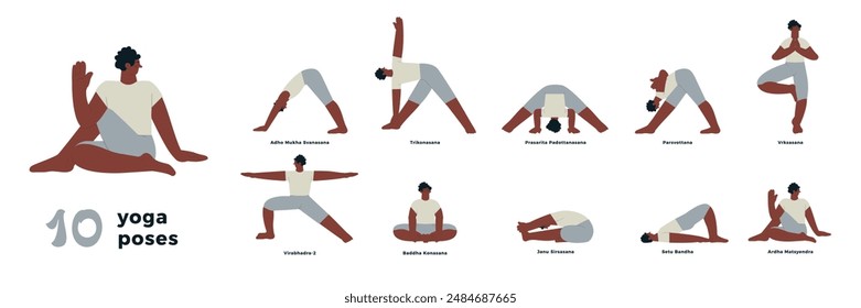 10 yoga poses vector illustration collection. Trikonasana, Prasarita Padotanasana, Pasvottana, Vrksasana, Virabhadra-2, Baddha Konasana, Janu Sirsasana, Setu Bandha, Ardha Matsyendra, Adho Mukha Svana