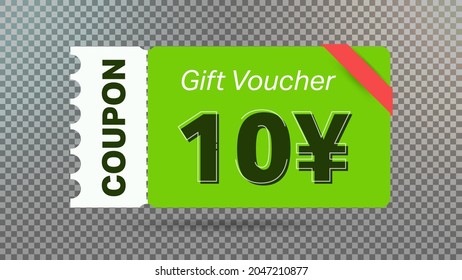 10 Yuan coupon promotion sale for website, internet ads, social media.Big sale and super sale coupon code Japanese yen 10 discount gift voucher coupon vector illustration summer offer ends weekend