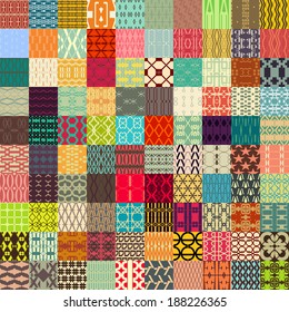 100 in 1 of Retro vector seamless patterns. Endless texture can be used for wallpaper, pattern fills, web page background, surface textures.