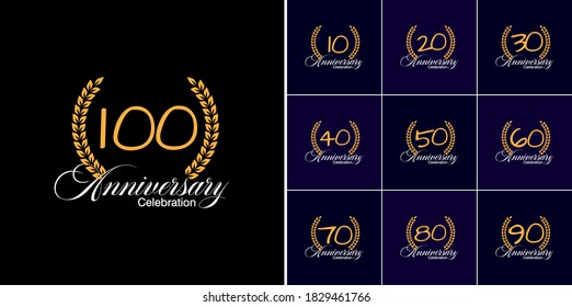 100, 10, 2, 30, 40, 50, 60, 70, 80, 90 years old luxurious logo. Anniversary vector gold colored template framed of palms. Greetings ages celebrates. Celebrating laurel branches