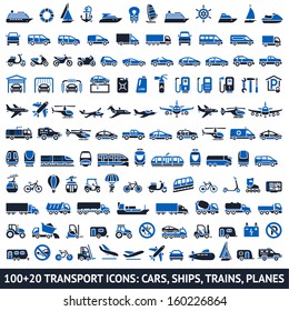 100 AND 20 Transport blue icons, vector illustrations, silhouettes isolated on white background