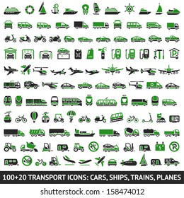 100 AND 20 Transport green icons, vector illustrations, silhouettes isolated on white background