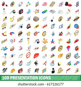 100 3d board monitor presentation icon set. Isometric 3d illustration of 100 3d board monitor presentation icon vector set for any design
