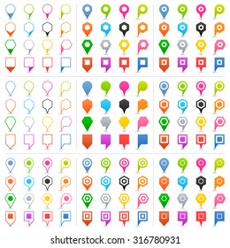 100 and 44 map pins sign location icon with shadow in flat style. Set 02 Blue, green, pink, orange, gray, black, yellow, brown, violet colored shapes on white background. Vector illustration in 8 eps