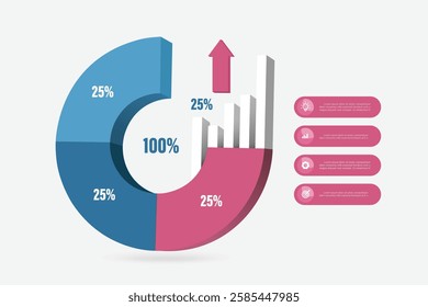 100% 4color pie chart and bar charts divided into 4 equal sections of 25% each for investing infographic designs. Profit sharing of an organization or company, vector 3d illustration isolated