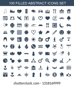 100 abstract icons. Trendy abstract icons white background. Included filled icons such as hand with heart, buffalo, dollar coin, eye, cleanser. abstract icon for web and mobile.