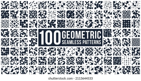 100 abstract vector geometric seamless patterns big set, black and white simple geometric elements repeat tiles, wallpapers or website backgrounds, design background in retro style.
