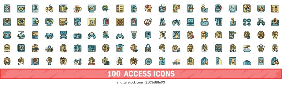 100 iconos de acceso establecidos. Conjunto de línea de color de iconos vectoriales de acceso color de línea delgada plana sobre blanco