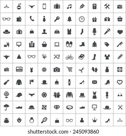 100 accessories icons, black on square white background 