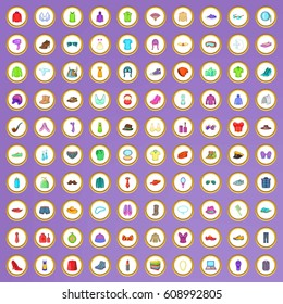 100 accessories icons set in cartoon style on purple background vector illustration