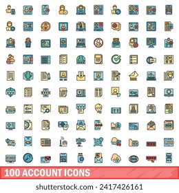 100 account icons set. Color line set of account vector icons thin line color flat on white