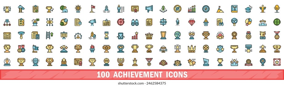 100 achievement icons set. Color line set of achievement vector icons thin line color flat on white