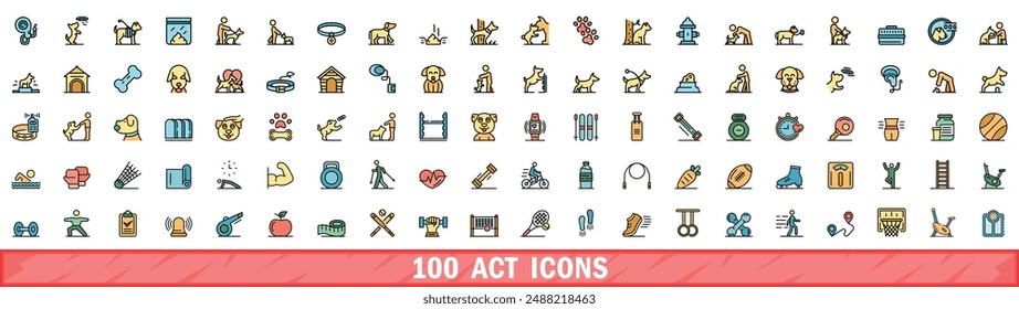 100 act icons set. Color line set of act vector icons thin line color flat on white