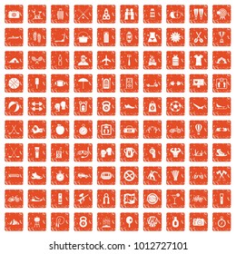 100 active life icons set in grunge style orange color isolated on white background vector illustration