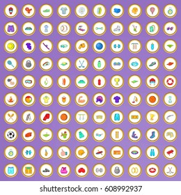 100 active life icons set in cartoon style on purple background vector illustration