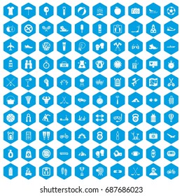 100 active life icons set in blue hexagon isolated vector illustration