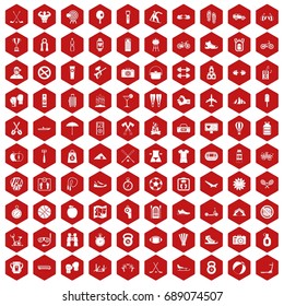 100 active life icons set in red hexagon isolated vector illustration
