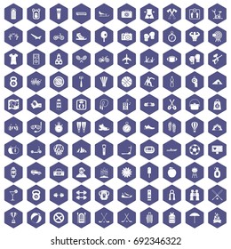100 active life icons set in purple hexagon isolated vector illustration