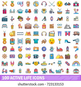 100 active life icons set in cartoon style for any design vector illustration