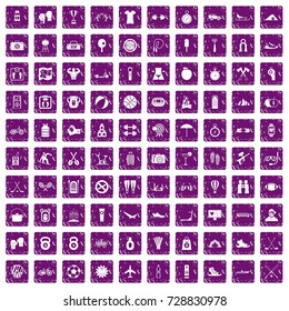 100 active life icons set in grunge style purple color isolated on white background vector illustration