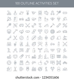 100 Activities universal icons set with Gym linear, Cooking Singing Warming up Travelling Swimming Bowling Rafting Hockey stick Hiking linear