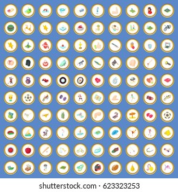 100 activity icons circle set on blue background cartoon style vector illustration