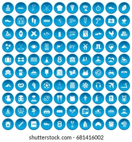 100 activity icons set in blue circle isolated on white vector illustration