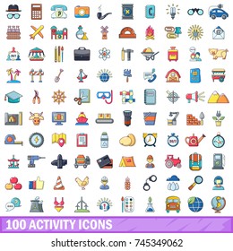 100 activity icons set. Cartoon illustration of 100 activity vector icons isolated on white background