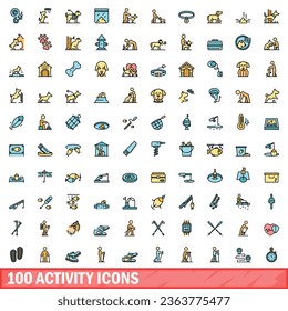 100 activity icons set. Color line set of activity vector icons thin line color flat on white