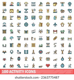 100 activity icons set. Color line set of activity vector icons thin line color flat on white