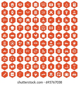 100 activity icons set in orange hexagon isolated vector illustration