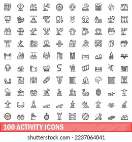 100 Aktivierungssymbole gesetzt. Rahmengrafik von 100 Aktivitätssymbolen, Vektorgrafik einzeln auf weißem Hintergrund