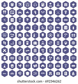 100 activity icons set in purple hexagon isolated vector illustration