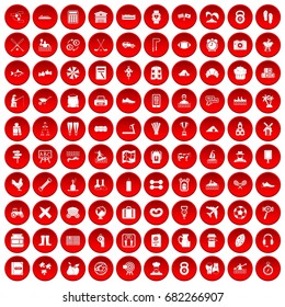 100 activity icons set in red circle isolated on white vector illustration