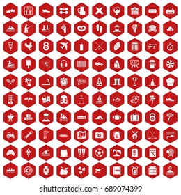 100 activity icons set in red hexagon isolated vector illustration