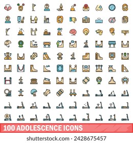 100 adolescence icons set. Color line set of adolescence vector icons thin line color flat on white