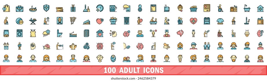 Conjunto de 100 iconos para adultos. Conjunto de línea de color de iconos vectoriales adultos línea fina de color plana en blanco