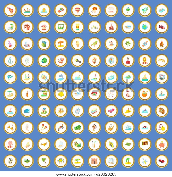 100 adventure icons circle set on blue\
background cartoon style vector\
illustration
