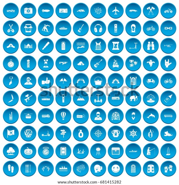 100 adventure icons set in blue circle\
isolated on white vector\
illustration