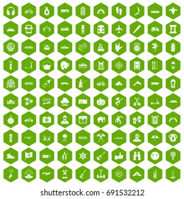 100 adventure icons set in green hexagon isolated vector illustration