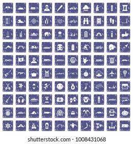 100 adventure icons set in grunge style sapphire color isolated on white background vector illustration