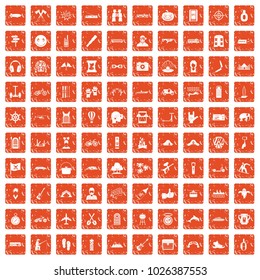 100 adventure icons set in grunge style orange color isolated on white background vector illustration