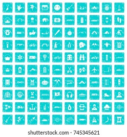 100 adventure icons set in grunge style blue color isolated on white background vector illustration