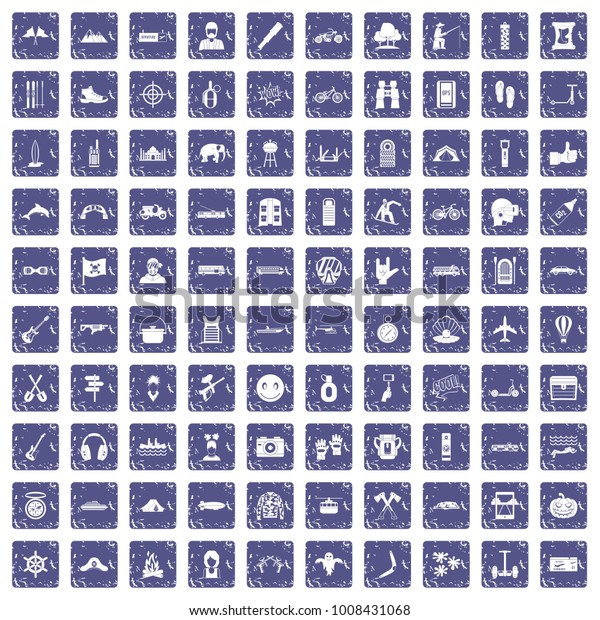 100 adventure icons\
set in grunge style sapphire color isolated on white background\
vector illustration