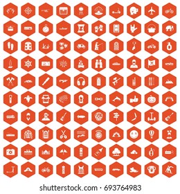 100 adventure icons set in orange hexagon isolated vector illustration