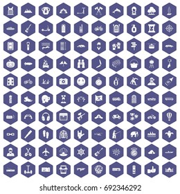 100 adventure icons set in purple hexagon isolated vector illustration