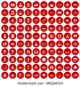 100 adventure icons set in red circle isolated on white vector illustration