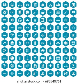 100 adventure icons set in sapphirine hexagon isolated vector illustration