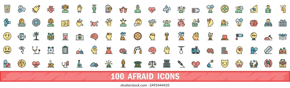 100 iconos de miedo establecidos. Conjunto de línea de color de iconos vectoriales de miedo línea fina de color plana en blanco